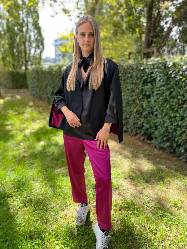 William Shakespeare - Pantaloni con tasche in raso fucsia con tasche ed elastico in vita