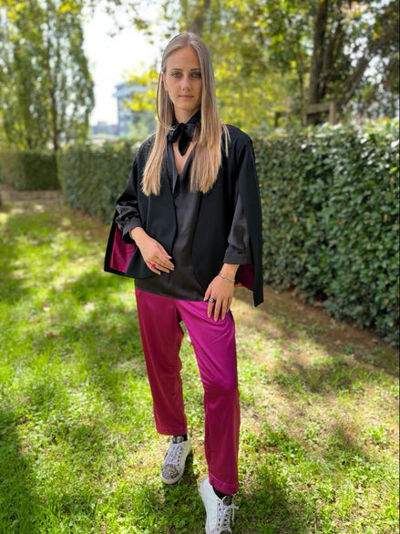 William Shakespeare - Pantaloni con tasche in raso fucsia con tasche ed elastico in vita