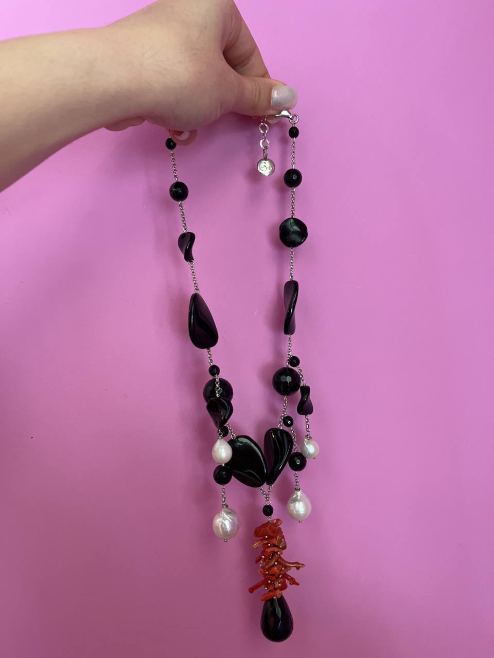 Collezione mediterranea - Collana onice, perle coltivate barocche e corallo rosso