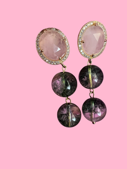 Orecchini  - quarzo fantasma verde  con quarzo rosa