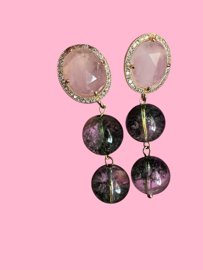 Orecchini  - quarzo fantasma verde  con quarzo rosa