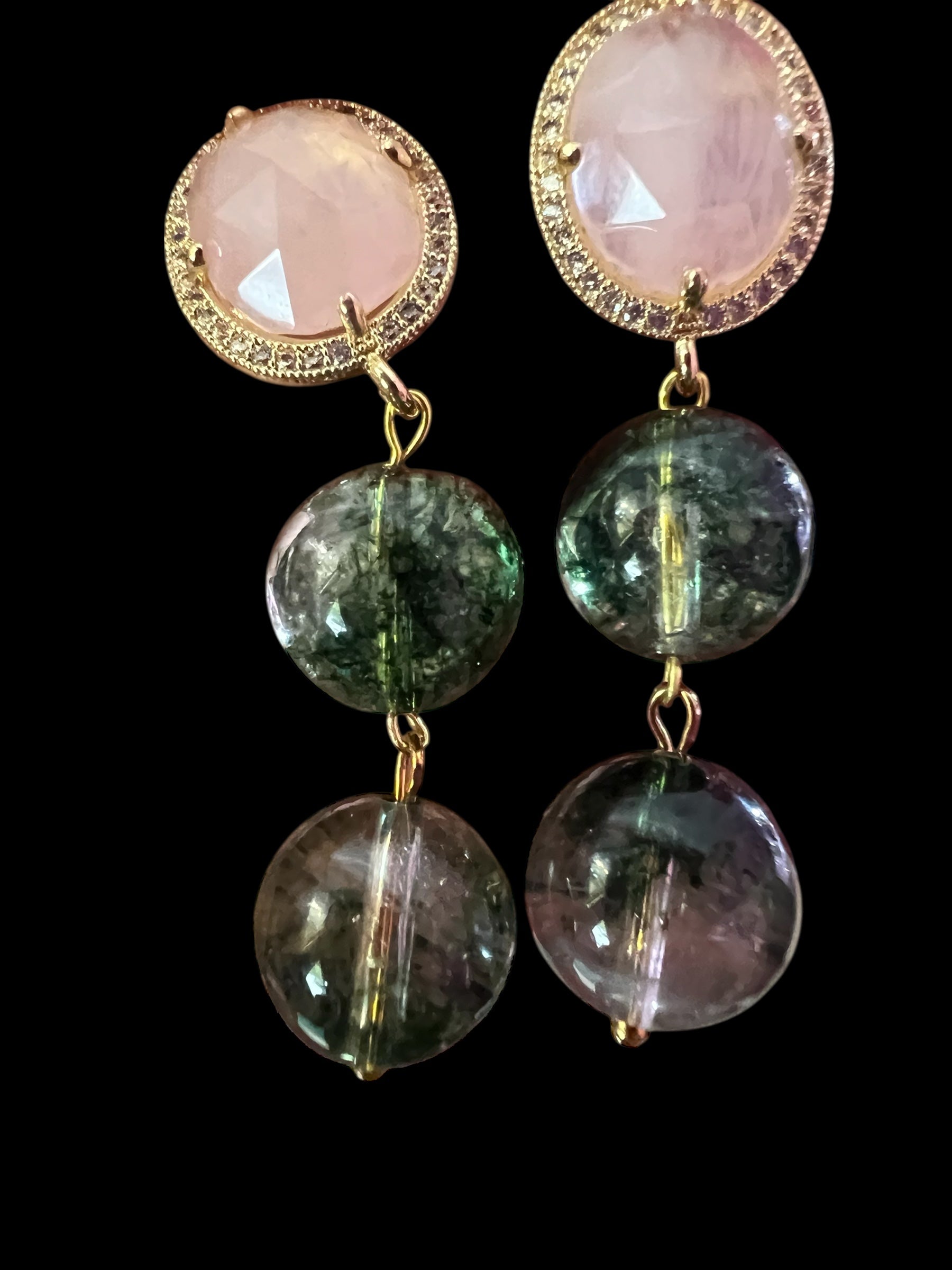 Orecchini  - quarzo fantasma verde  con quarzo rosa