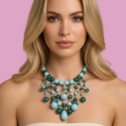 OCEANO - Collier cascata con turchese giada verde e agata verde con argento