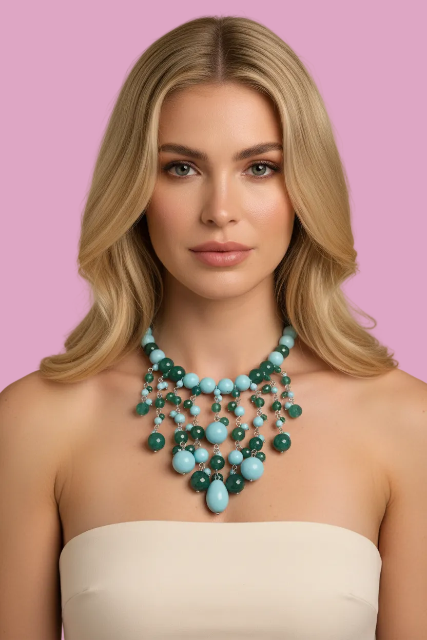 OCEANO - Collier cascata con turchese giada verde e agata verde con argento
