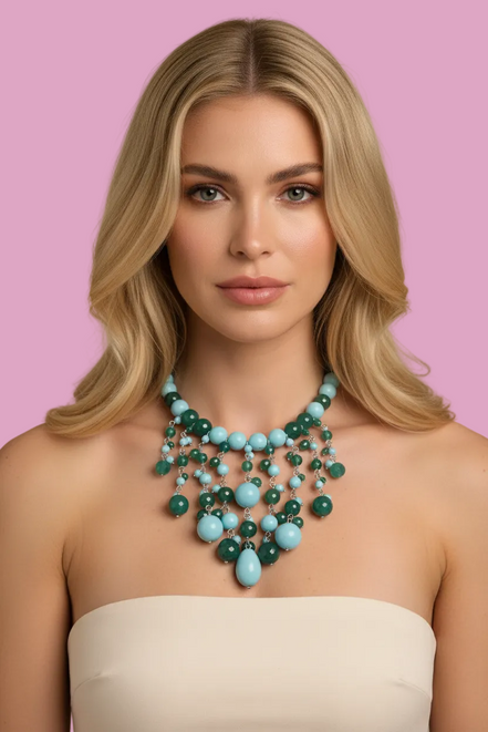 OCEANO - Collier cascata con turchese giada verde e agata verde con argento