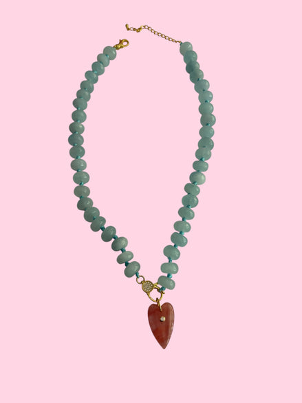 Collana JAIPUR - Acquamarina rondelle e pendente cuore quarzo fragola