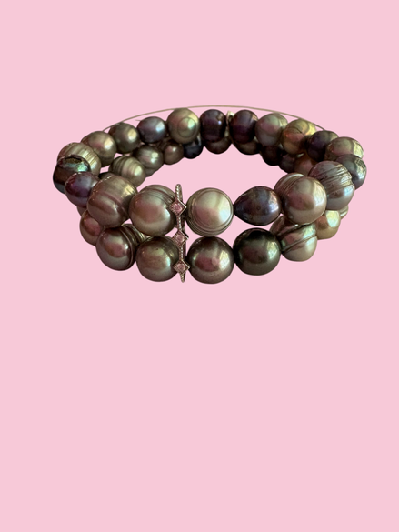 Bracciale Bisette - 2 file perle grey con barette argento 925 e zirconi