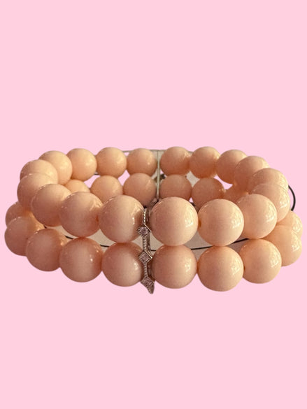 Bracciale Bisette - 2 file corallo rosa con barrette argento 925 rodiato  e zirconi