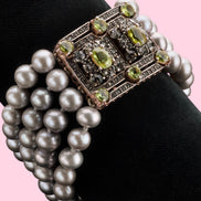 Bracciale DECO - 4 fili perle grey con chiusura gioiello argento 925 peridoto zirconi