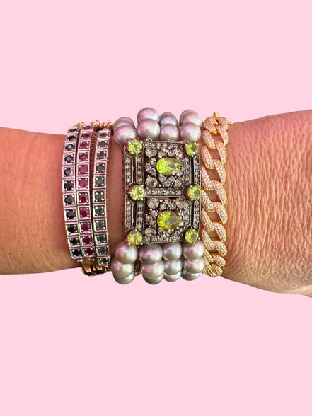 Bracciale DECO - 4 fili perle grey con chiusura gioiello argento 925 peridoto zirconi