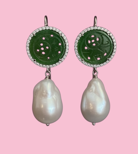 Orecchini  PERLE -perle barocche con giada burma verde