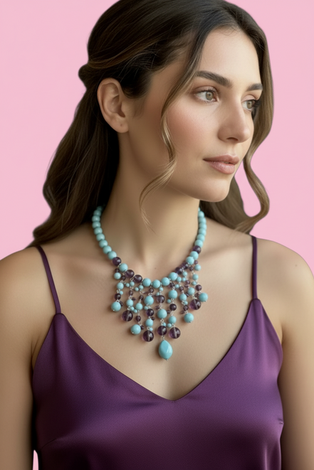 OCEANO - Collier cascata con turchese e ametista con argento 925