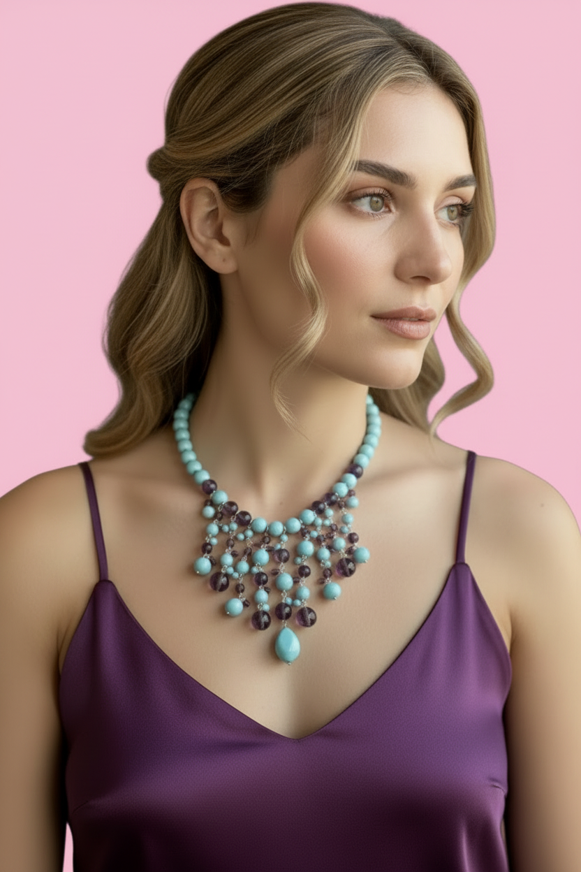 OCEANO - Collier cascata con turchese e ametista con argento 925