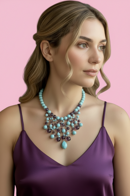 OCEANO - Collier cascata con turchese e ametista con argento 925