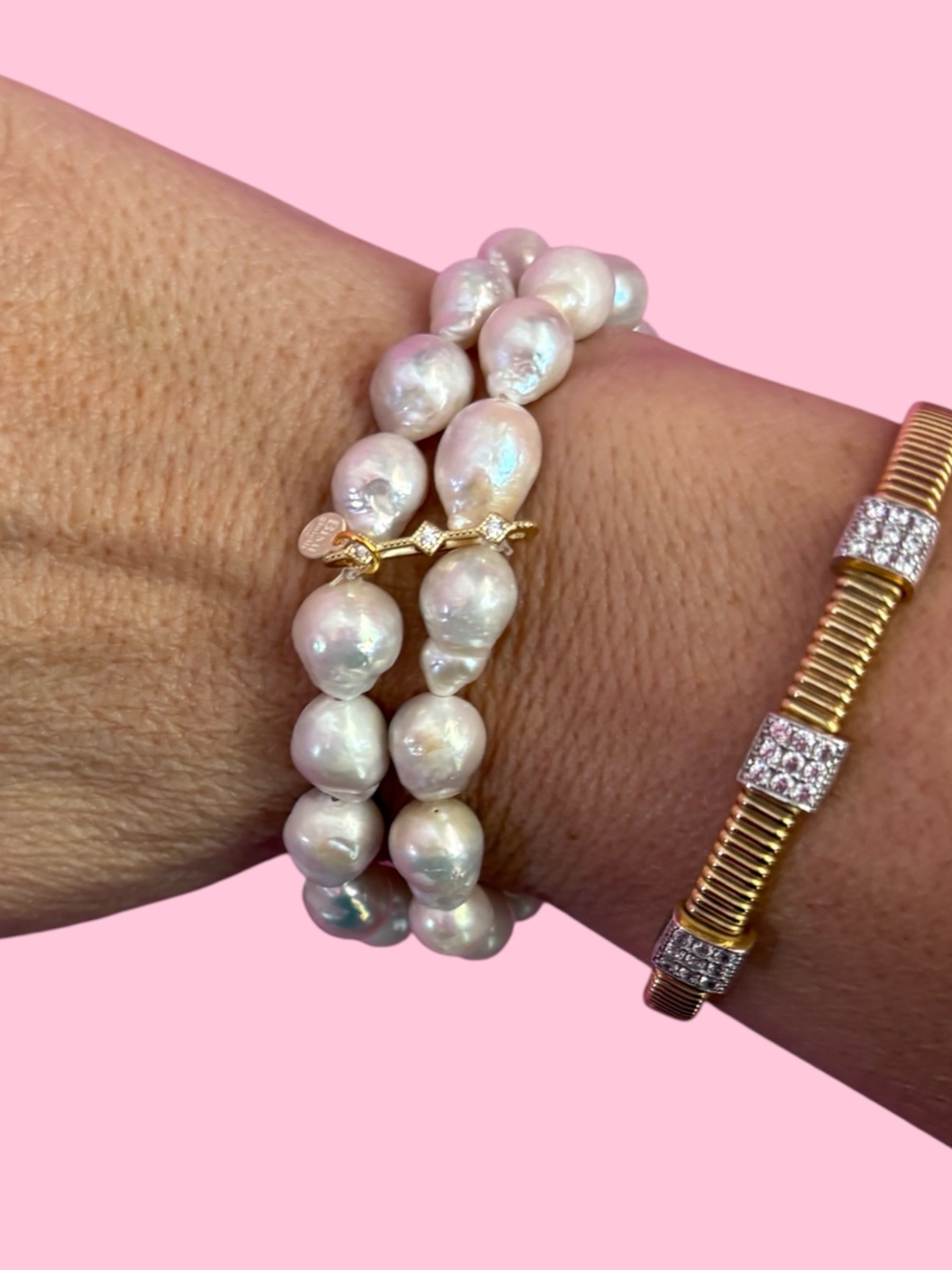 Bracciale Bisette -  2 giri perle barocche con argento 925 e zirconi