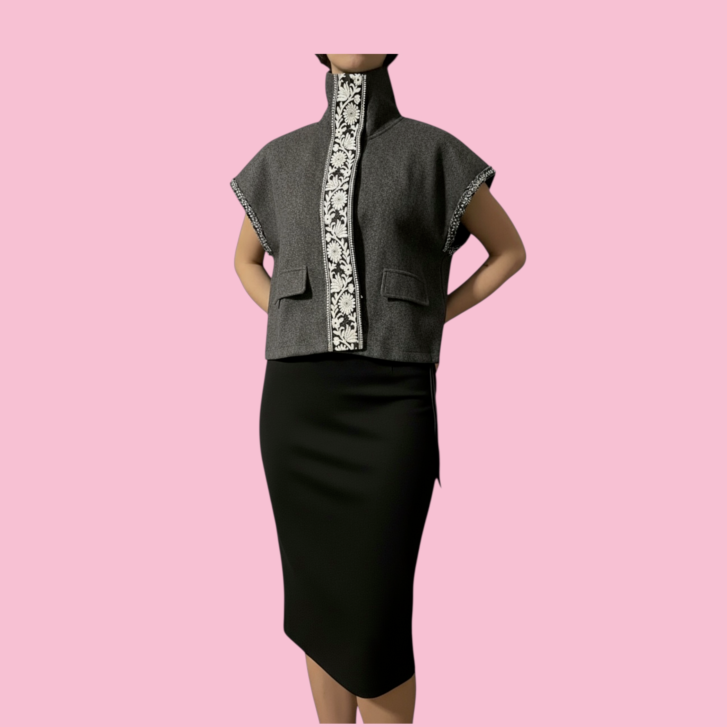Felpa Gilet  Flowers grigio  con passamaneria Couture