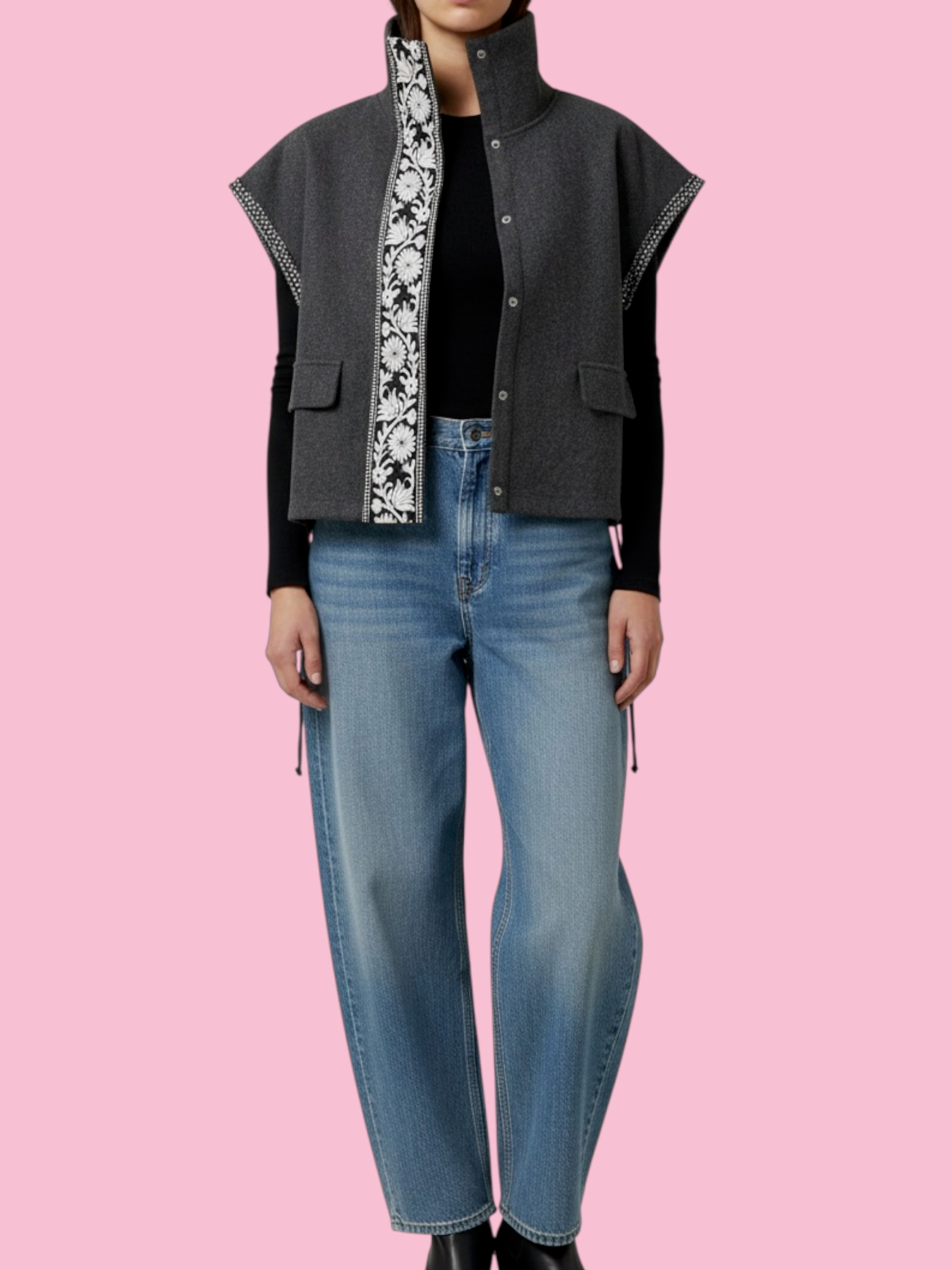 Felpa Gilet  Flowers grigio  con passamaneria Couture