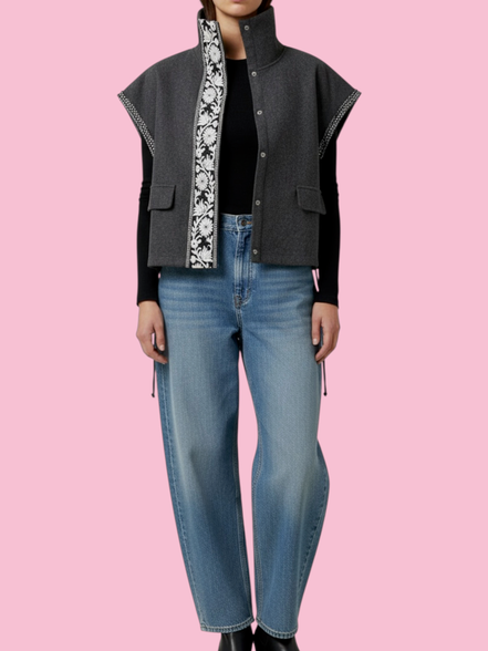 Felpa Gilet  Flowers grigio  con passamaneria Couture