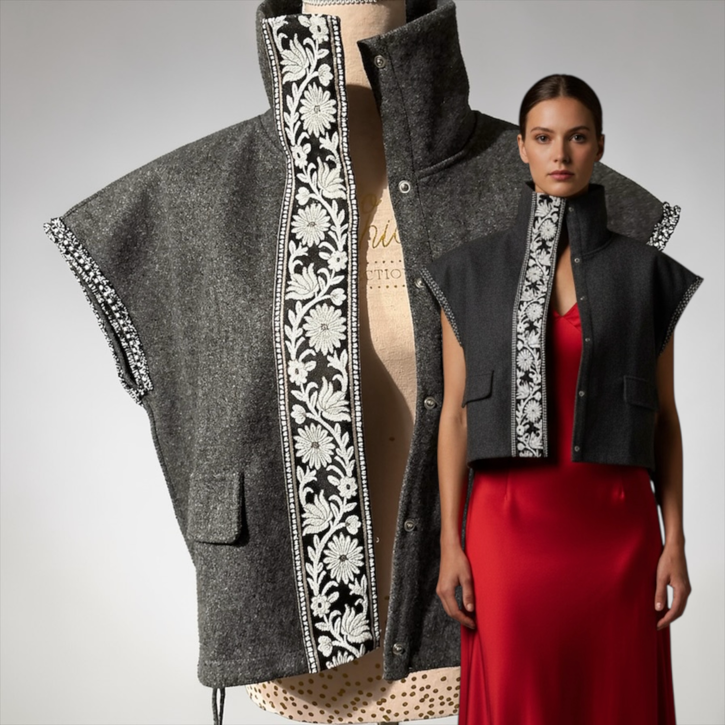 Felpa Gilet  Flowers grigio  con passamaneria Couture