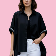 Camicia di cotone - Chanellina blusa ampia nera con passamaneria Couture