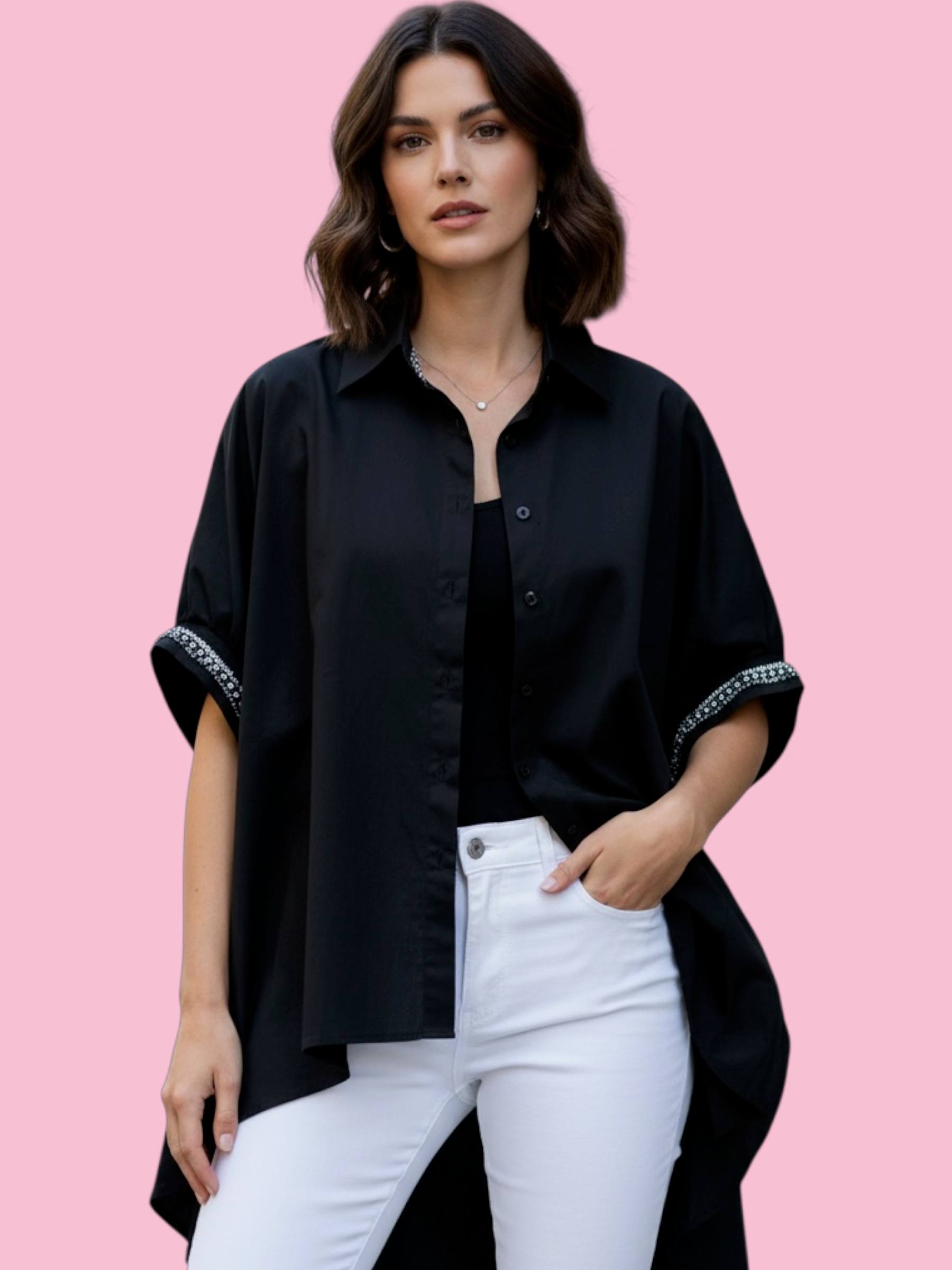 Camicia di cotone - Chanellina blusa ampia nera con passamaneria Couture