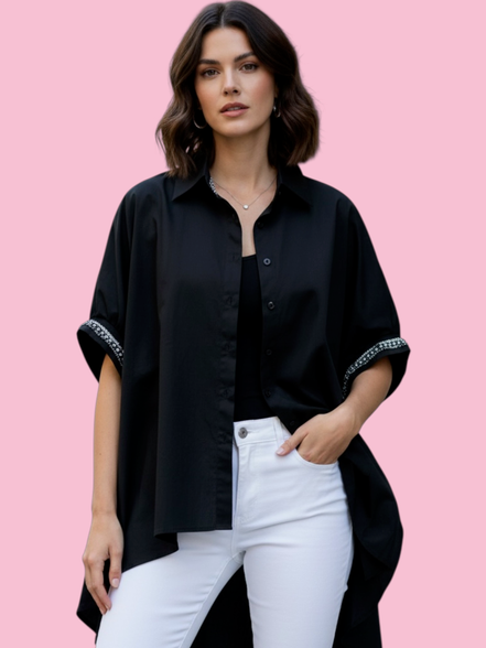 Camicia di cotone - Chanellina blusa ampia nera con passamaneria Couture