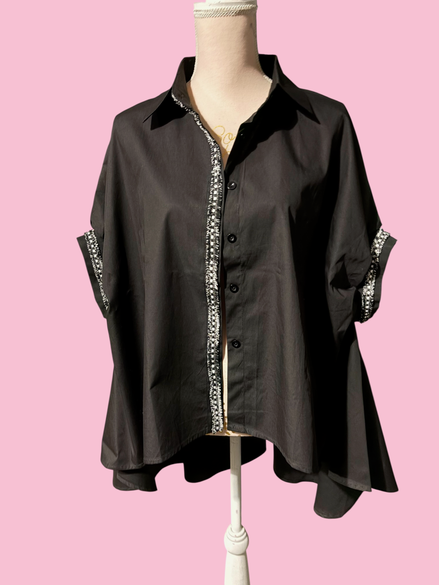 Camicia di cotone - Chanellina blusa ampia nera con passamaneria Couture