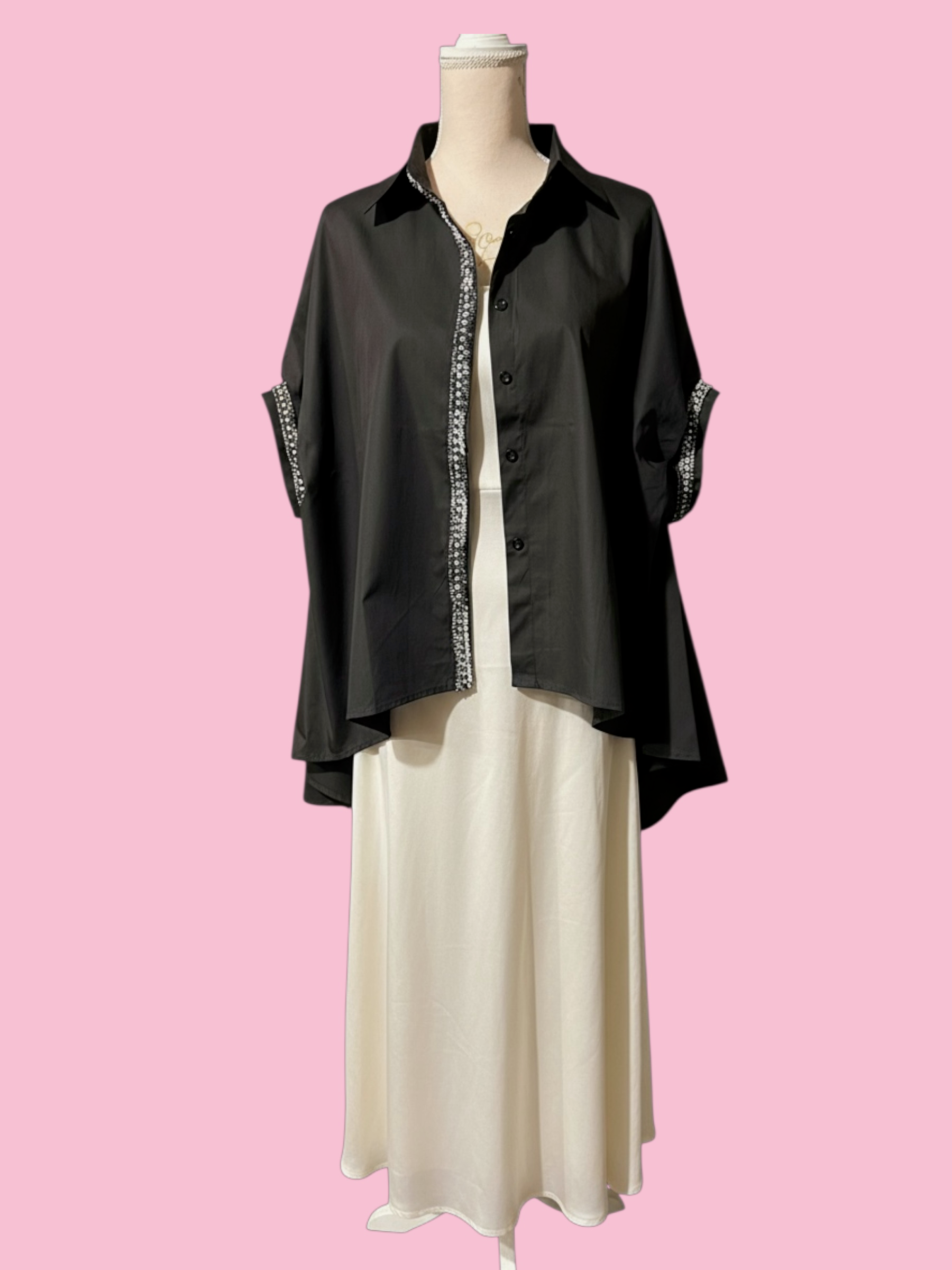 Camicia di cotone - Chanellina blusa ampia nera con passamaneria Couture