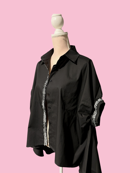 Camicia di cotone - Chanellina blusa ampia nera con passamaneria Couture