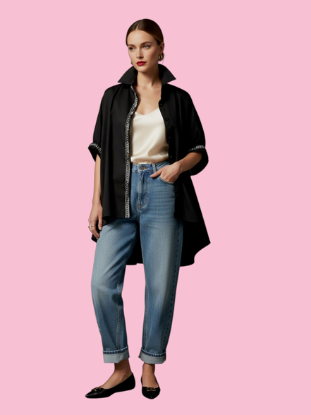 Camicia di cotone - Chanellina blusa ampia nera con passamaneria Couture