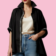 Camicia di cotone - Chanellina blusa ampia nera con passamaneria Couture