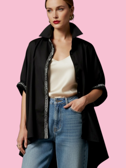 Camicia di cotone - Chanellina blusa ampia nera con passamaneria Couture