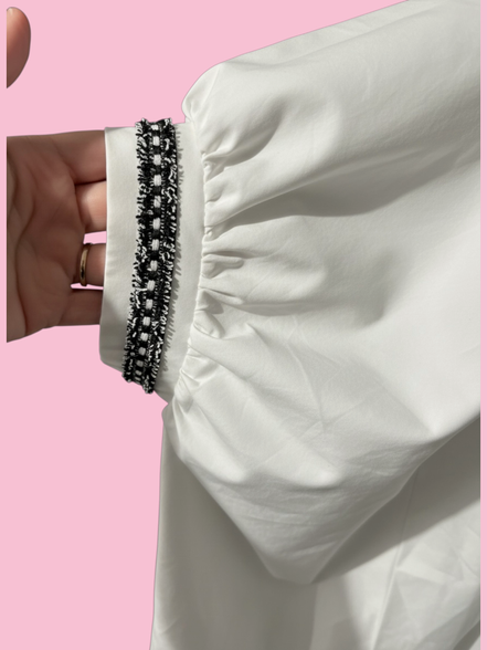 Camicia di cotone - Chanellina blusa ampia bianca con passamaneria Couture