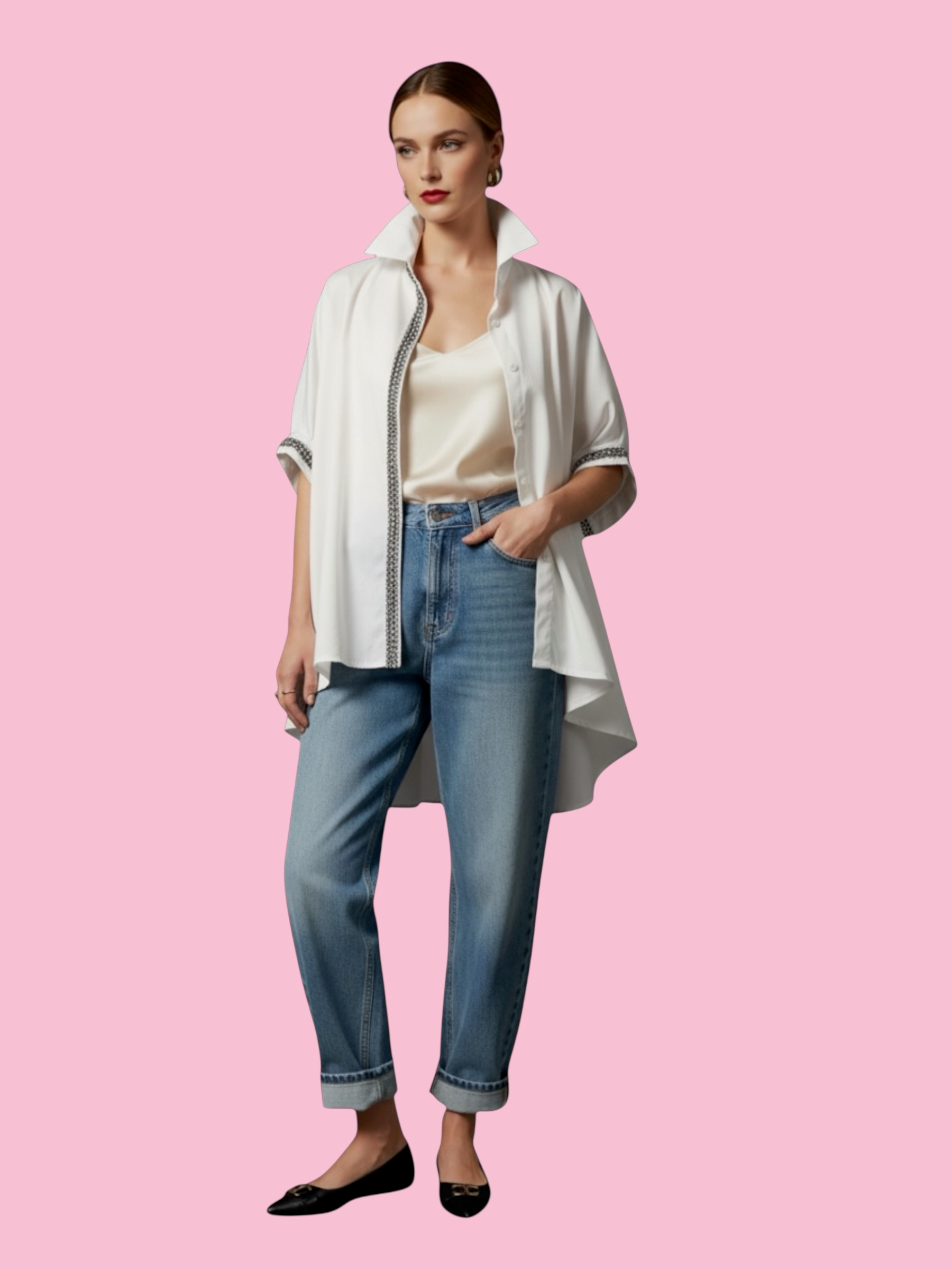 Camicia di cotone - Chanellina blusa ampia bianca con passamaneria Couture
