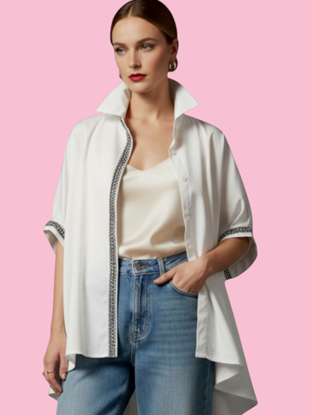 Camicia di cotone - Chanellina blusa ampia bianca con passamaneria Couture