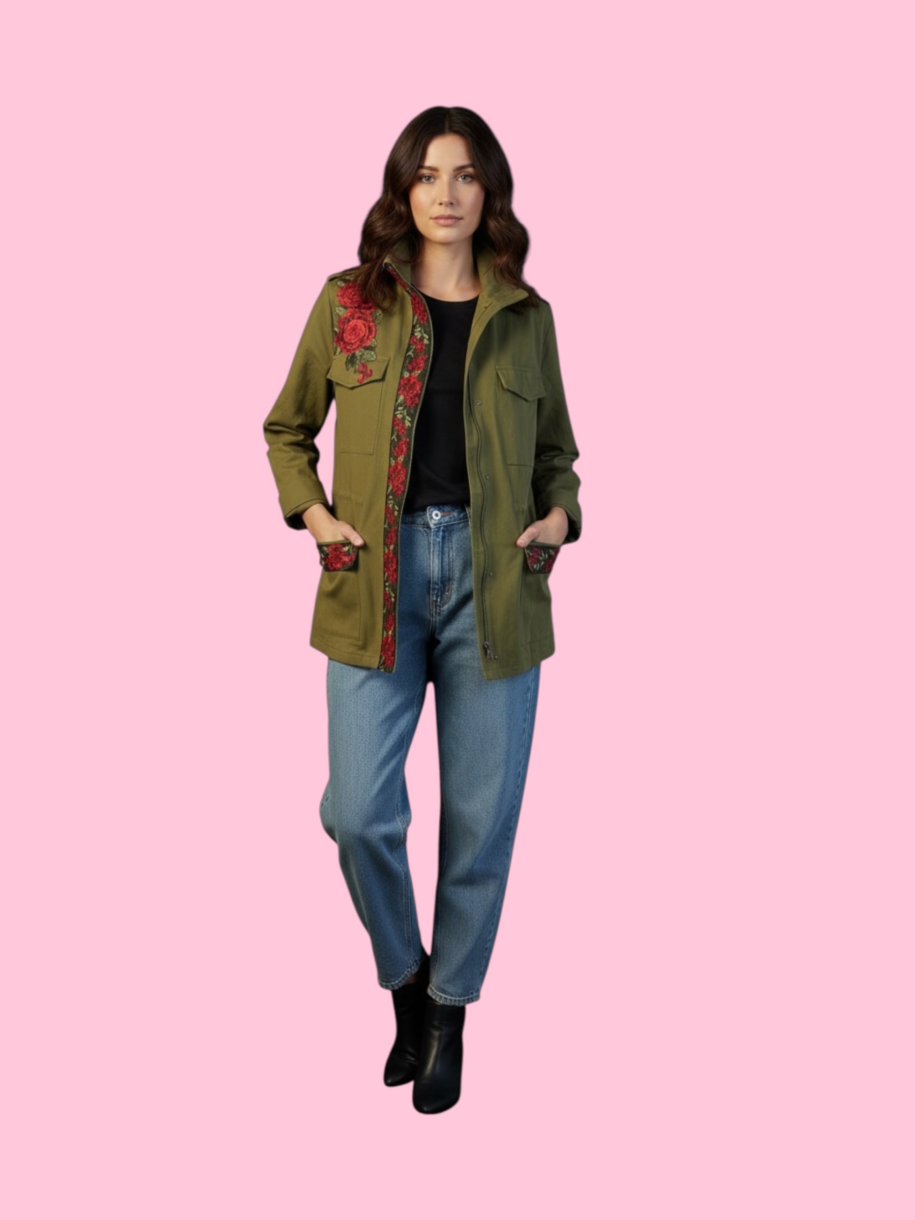 Flower jacket - verde militare 100% cotone con passamaneria Couture rose rosse