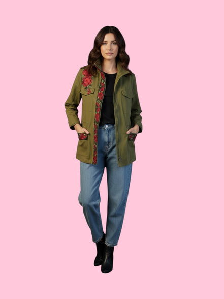 Flower jacket - verde militare 100% cotone con passamaneria Couture rose rosse