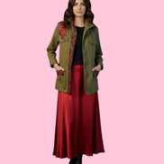 Flower jacket - verde militare 100% cotone con passamaneria Couture rose rosse