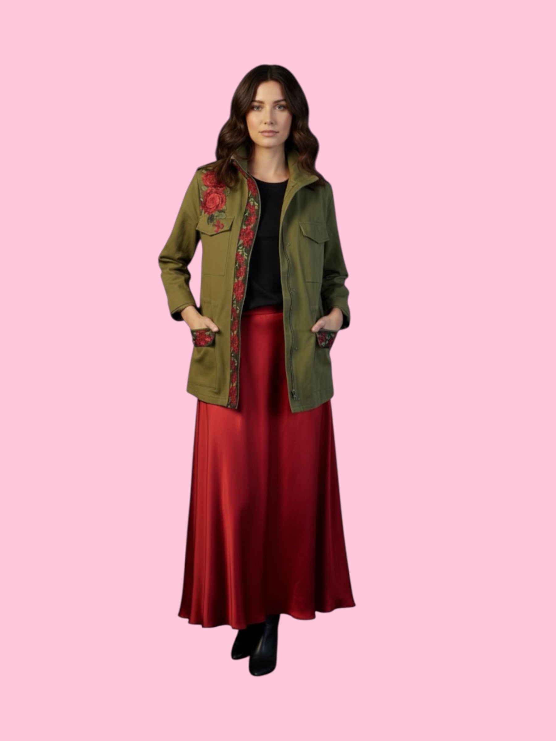 Flower jacket - verde militare 100% cotone con passamaneria Couture rose rosse