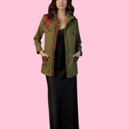 Flower jacket - verde militare 100% cotone con passamaneria Couture rose rosse