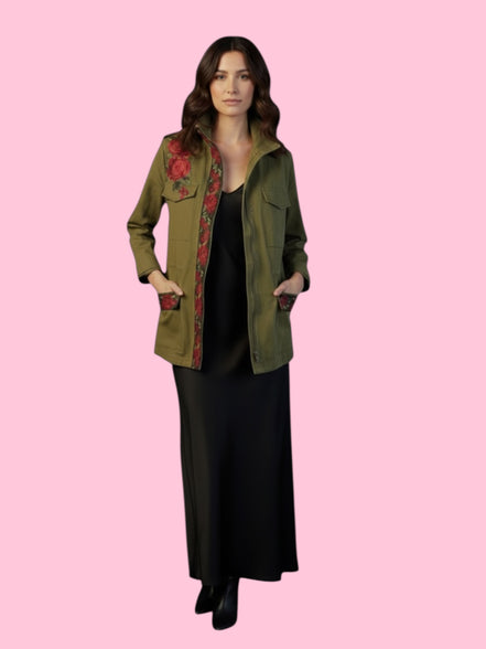Flower jacket - verde militare 100% cotone con passamaneria Couture rose rosse