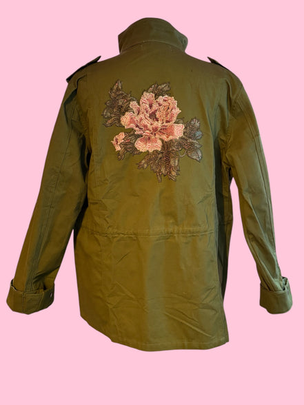 Flower jacket - verde militare 100% cotone con passamaneria Couture