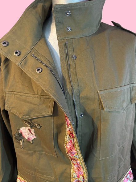 Flower jacket - verde militare 100% cotone con passamaneria Couture