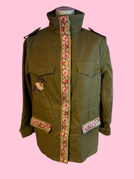 Flower jacket - verde militare 100% cotone con passamaneria Couture