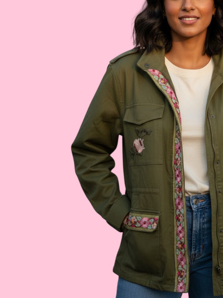 Flower jacket - verde militare 100% cotone con passamaneria Couture