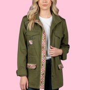 Flower jacket - verde militare 100% cotone con passamaneria Couture