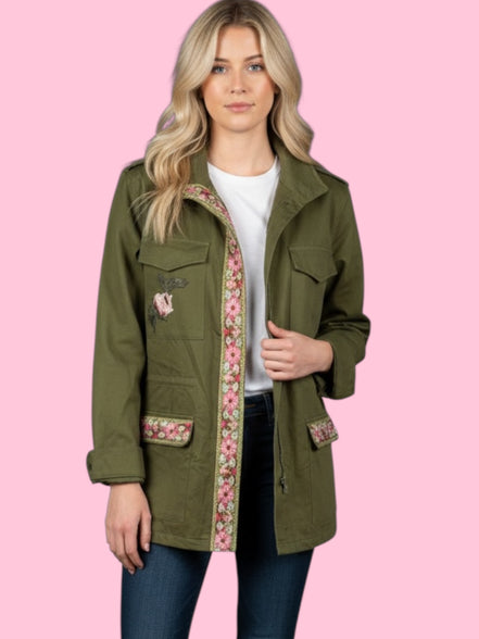 Flower jacket - verde militare 100% cotone con passamaneria Couture