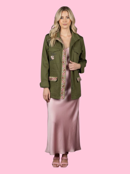 Flower jacket - verde militare 100% cotone con passamaneria Couture