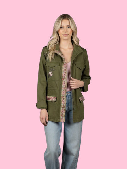 Flower jacket - verde militare 100% cotone con passamaneria Couture