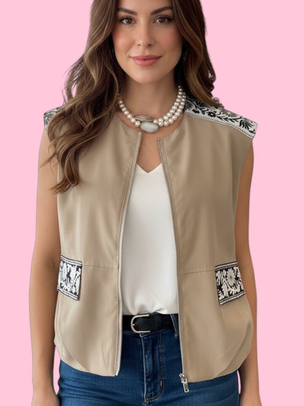 Flower Gilet sabbia con passamaneria Couture